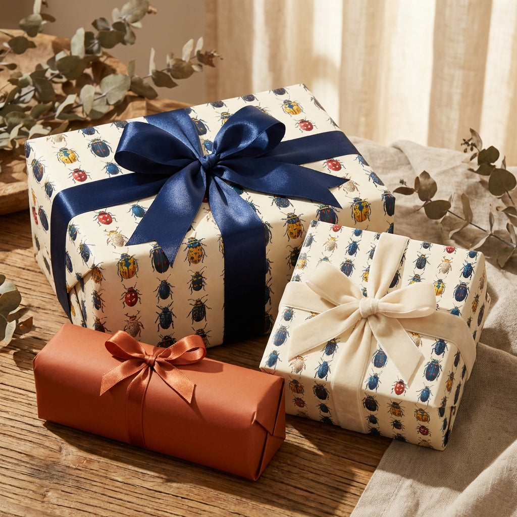 Gifts wrapped in beetle-print wrapping paper, tied with blue, beige, and rust-colored ribbons, on a wooden table.