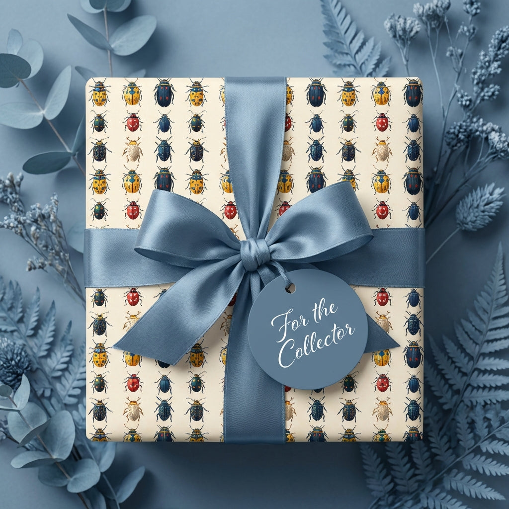 Square gift wrapped in beetle-themed wrapping paper with a blue ribbon and a "For the Collector" tag.