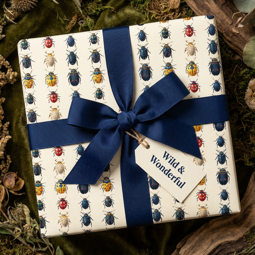 Gift wrapped in colorful beetle-print wrapping paper with a navy ribbon and "Wild & Wonderful" tag.