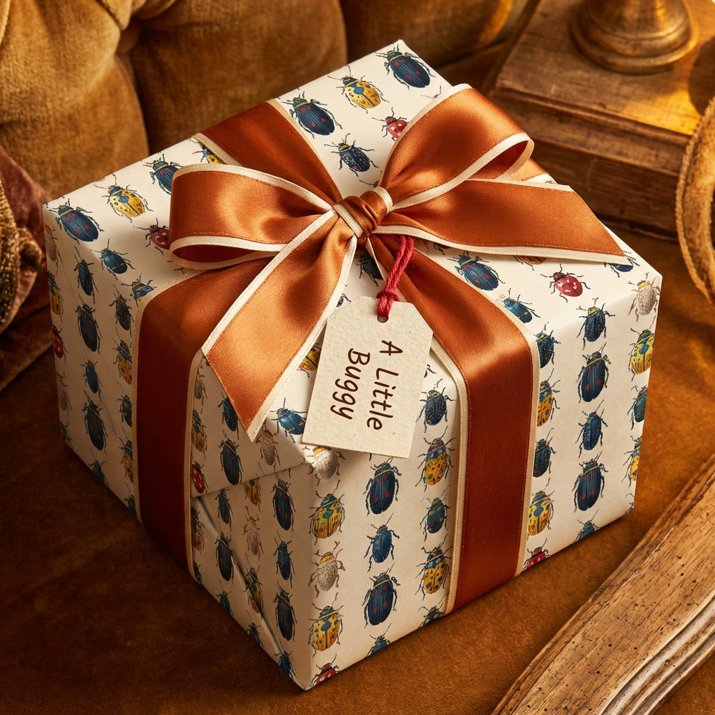 Square gift wrapped in novelty insect print wrapping paper with copper ribbon and "A Little Buggy" tag.