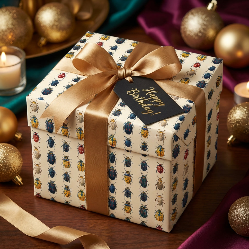 Gift box with beetle pattern and 'Happy Birthday!' tag surrounded by festive decorations.