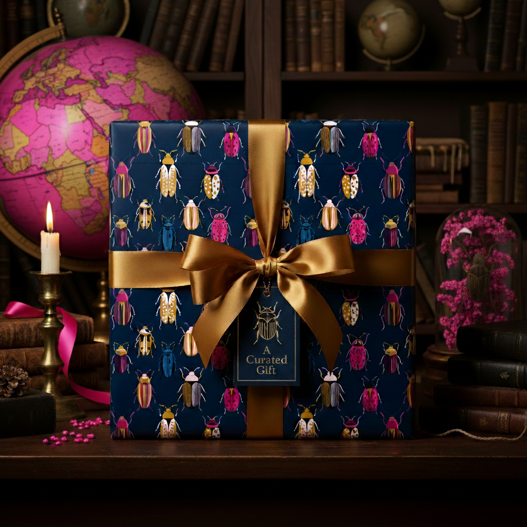 Elegant gift wrapped in navy blue beetle print wrapping paper, tied with a gold satin ribbon.