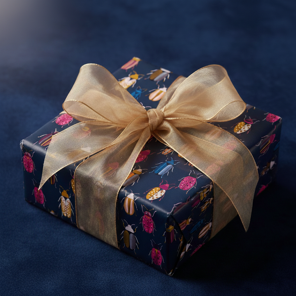 Navy gift wrapped in beetle print paper with gold ribbon bow.