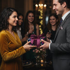 Woman receiving gift wrapped in luxury floral wrapping paper with a purple ribbon at a party.