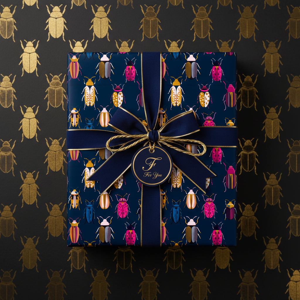 Navy gift wrap with colorful beetle pattern, tied with navy ribbon and gold accents; elegant wrapping paper.