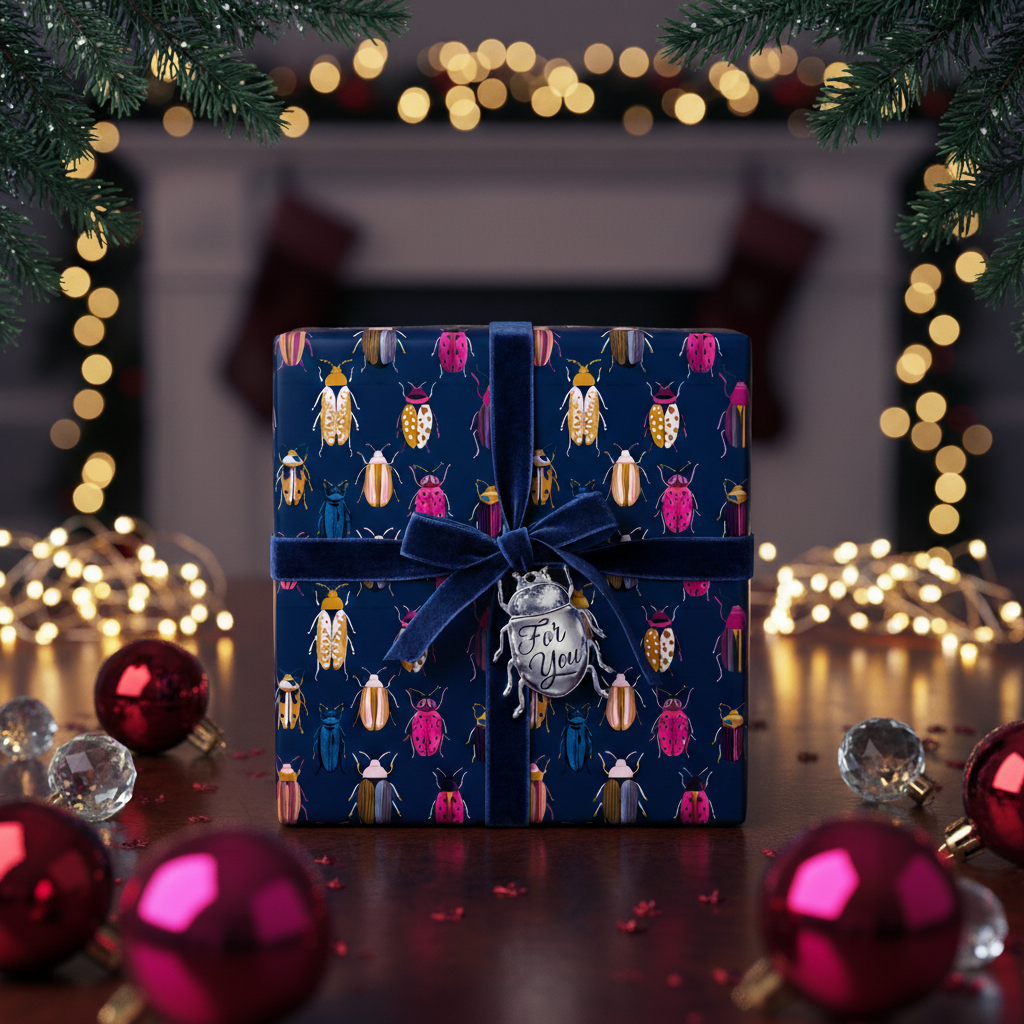 Luxury Christmas gift wrapped in navy beetle print paper with velvet ribbon and "For You" charm.