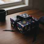 Gift box wrapped in navy beetle print wrapping paper with a black ribbon, sitting on a wood table.