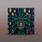 Gift wrapped in beetle-themed wrapping paper with a velvet bow and elegant gift tag.