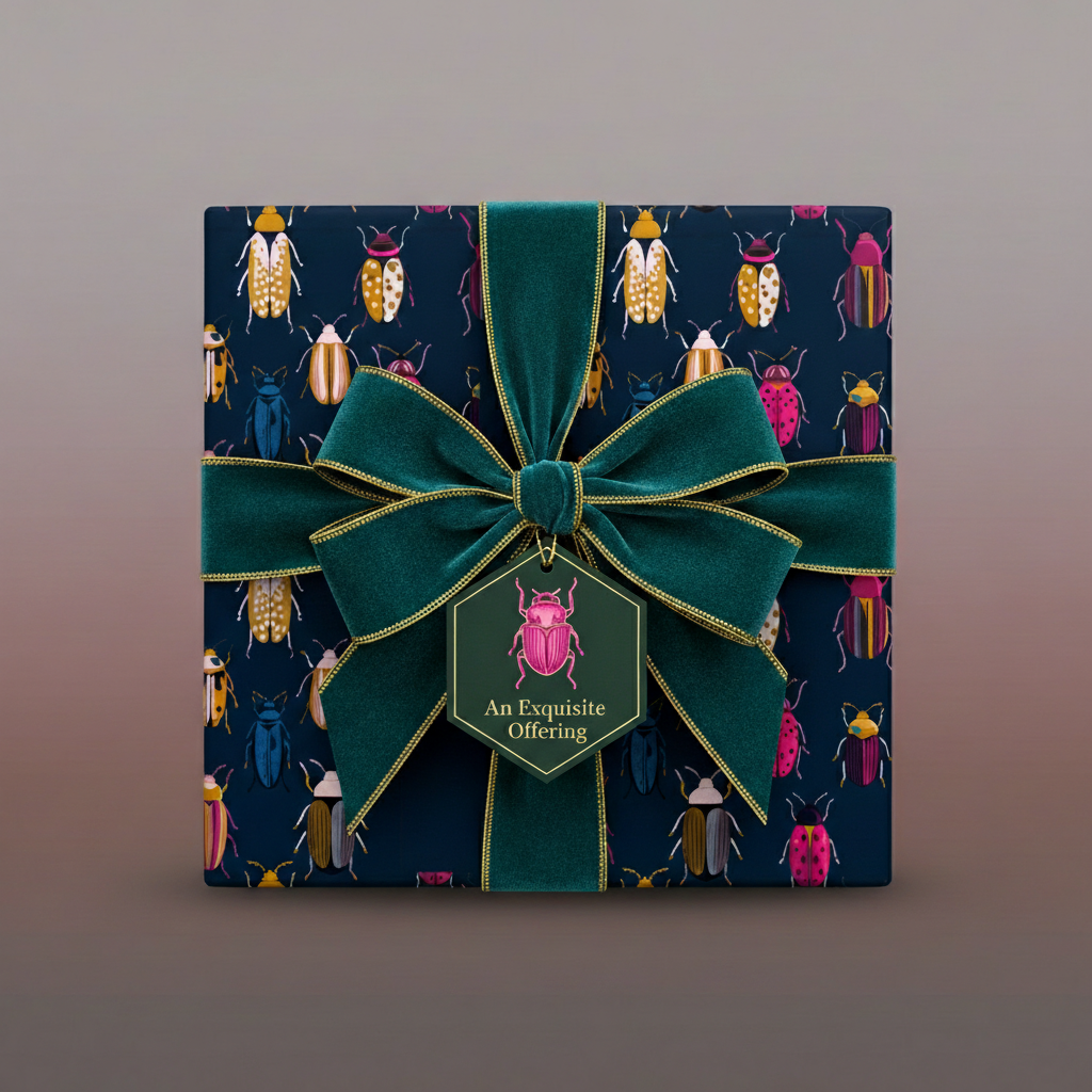 Gift wrapped in beetle-themed wrapping paper with a velvet bow and elegant gift tag.