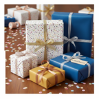 Colorful confetti dot birthday wrapping paper and solid blue luxury gift wrap with gold and silver ribbons on a wooden table.
