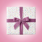 Playful white birthday wrapping paper with colorful confetti dots and a luxurious purple velvet ribbon bow, perfect for any celebration.