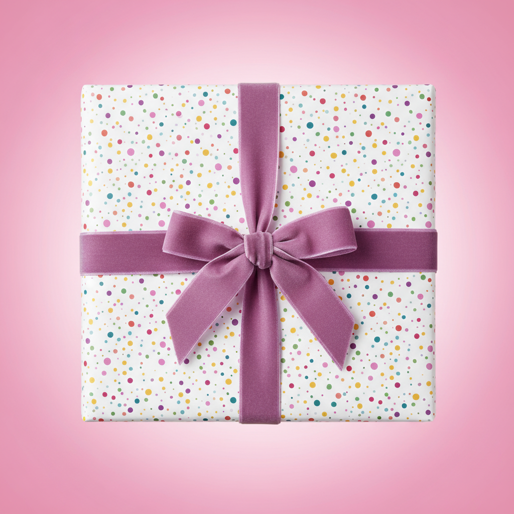 Playful white birthday wrapping paper with colorful confetti dots and a luxurious purple velvet ribbon bow, perfect for any celebration.