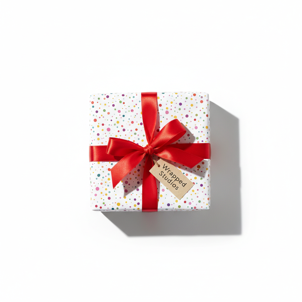 Playful white birthday wrapping paper with a colorful confetti dot pattern, tied with a bright red satin ribbon and brown gift tag.