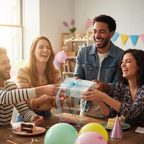 Friends exchanging a polka dot birthday gift box with light blue ribbon at a joyful party.