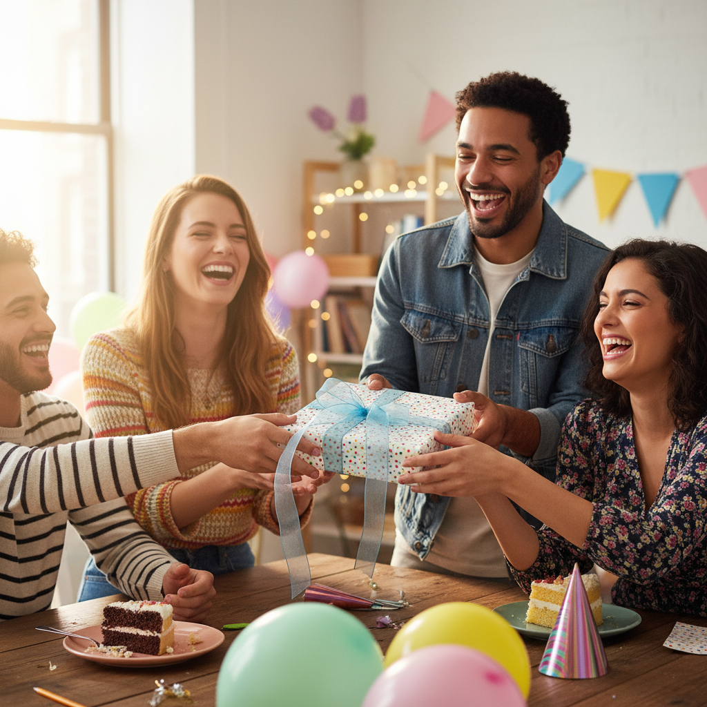 Friends exchanging a polka dot birthday gift box with light blue ribbon at a joyful party.