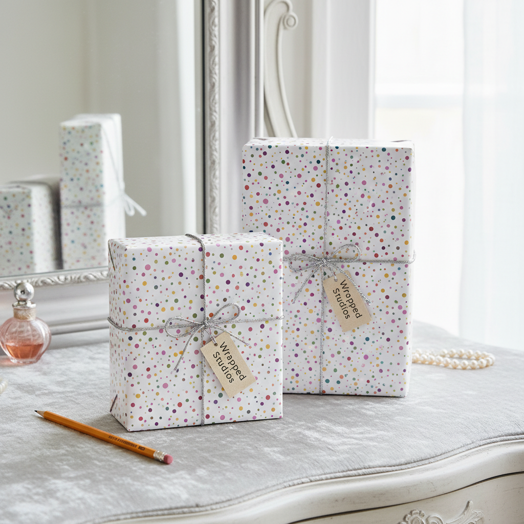 Modern polka dot wrapping paper on two white gift boxes with silver twine and "Wrapped Studios" tags, on a vanity with a mirror and pearls, perfect for birthday or baby shower gifts.
