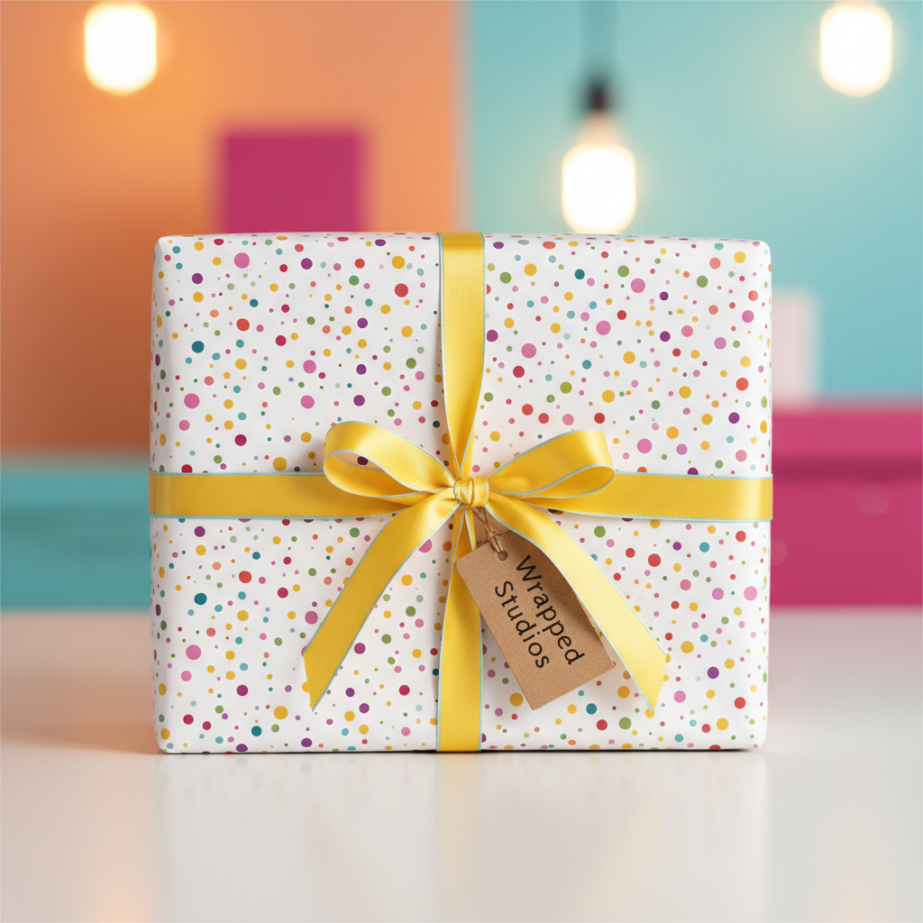 Fun polka dot birthday wrapping paper with a yellow ribbon, perfect for party gifts.