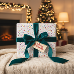 Festive polka dot wrapping paper with a dark teal velvet ribbon and "Merry Moments" tag, perfect for luxury Christmas or birthday gifts.