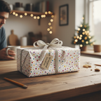 Modern polka dot wrapping paper with a glitter silver ribbon, gift tag, and festive twinkle lights, perfect for birthday or holiday gifts.