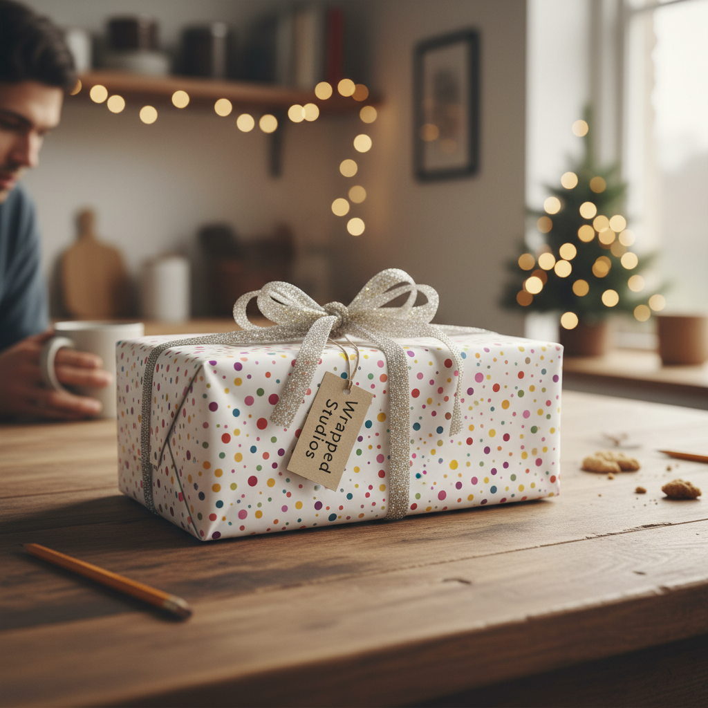Modern polka dot wrapping paper with a glitter silver ribbon, gift tag, and festive twinkle lights, perfect for birthday or holiday gifts.