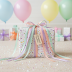 Colorful polka dot birthday gift wrap with pastel ribbons and balloons, perfect for playful celebrations.