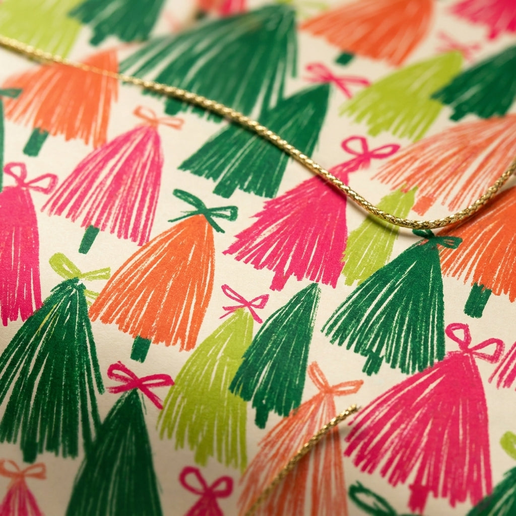 Colorful modern Christmas wrapping paper with whimsical trees and gold string by Wrapped Studios.