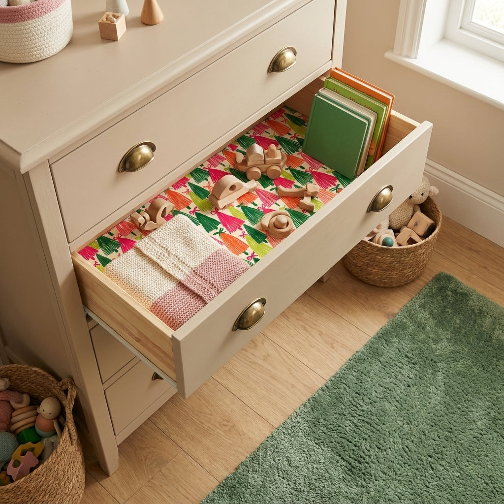 Colorful Christmas tree wrapping paper lining a nursery dresser drawer by Wrapped Studios.
