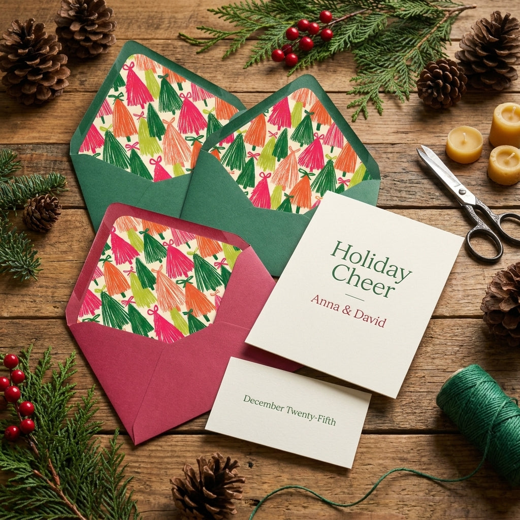 Whimsical Christmas tree envelope liners and holiday cards on a rustic wood table by Wrapped Studios.