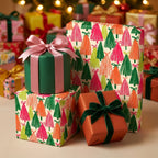 Modern colorful Christmas tree wrapping paper on holiday gift boxes with bows by Wrapped Studios.