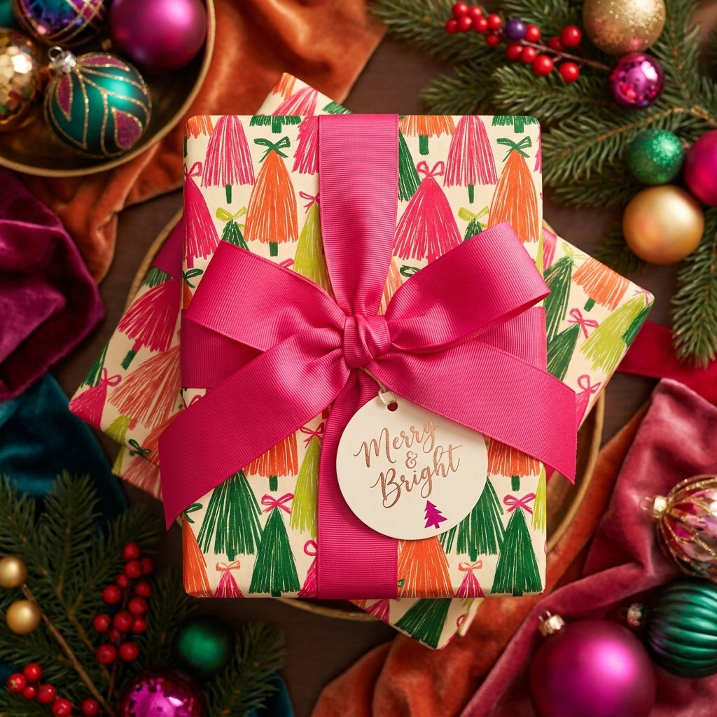 Colorful Christmas tree wrapping paper with a pink bow and holiday gift tag by Wrapped Studios.