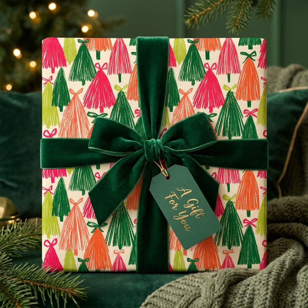 Modern Christmas wrapping paper with colorful trees and green velvet bow, by Wrapped Studios.