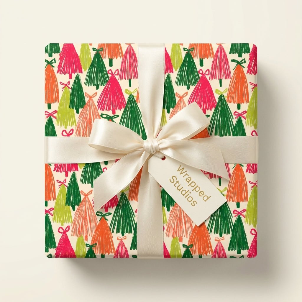 Colorful Christmas tree wrapping paper with a white satin bow by Wrapped Studios.