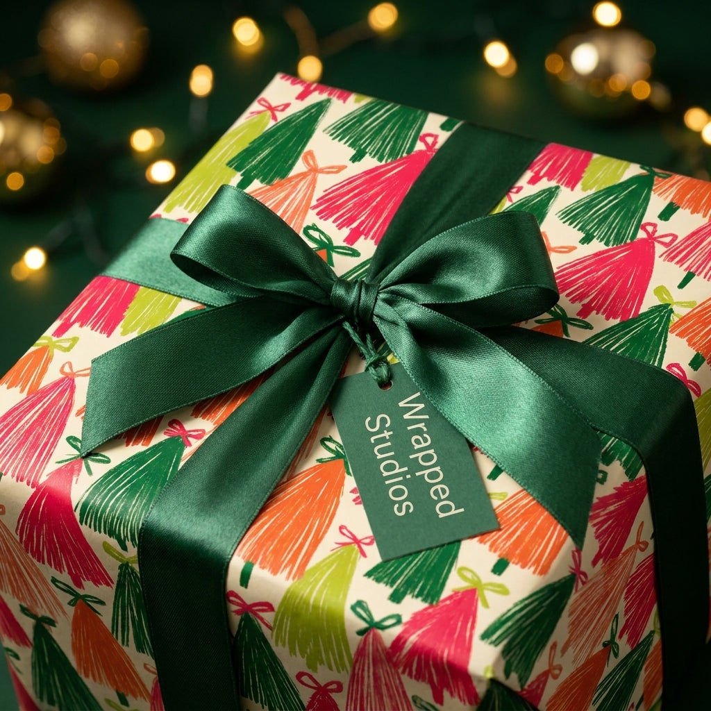 Colorful Christmas tree wrapping paper with a dark green satin bow and a Wrapped Studios tag.