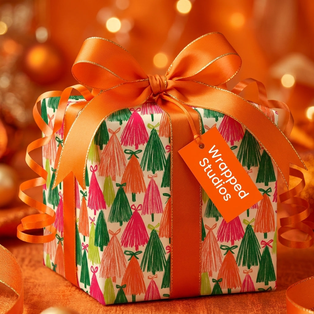 Colorful Christmas tree wrapping paper with a large orange satin bow by Wrapped Studios.