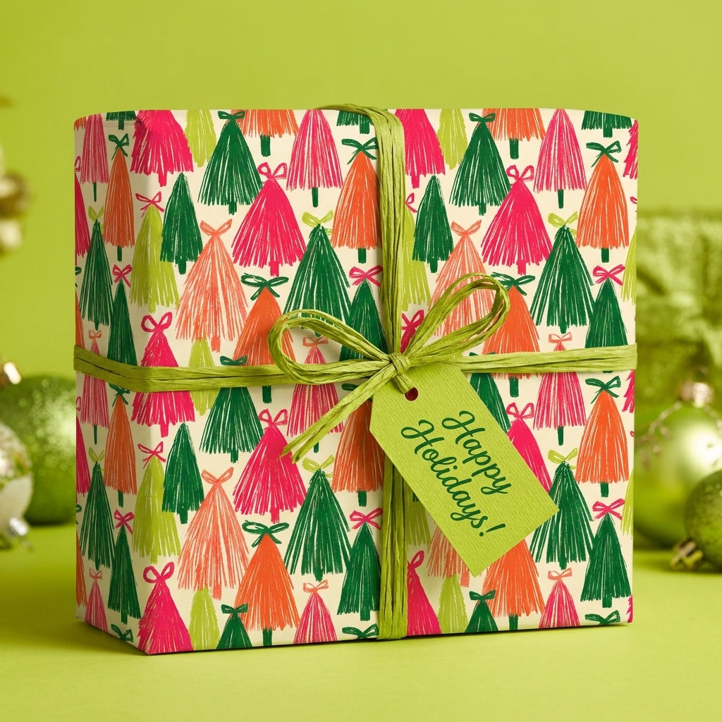 Modern colorful Christmas tree wrapping paper with green raffia bow and holiday tag by Wrapped Studios.