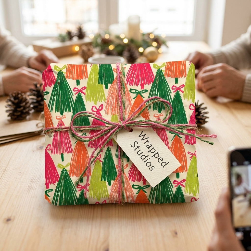 Colorful Christmas tree wrapping paper by Wrapped Studios on a gift tied with twine at a holiday table.