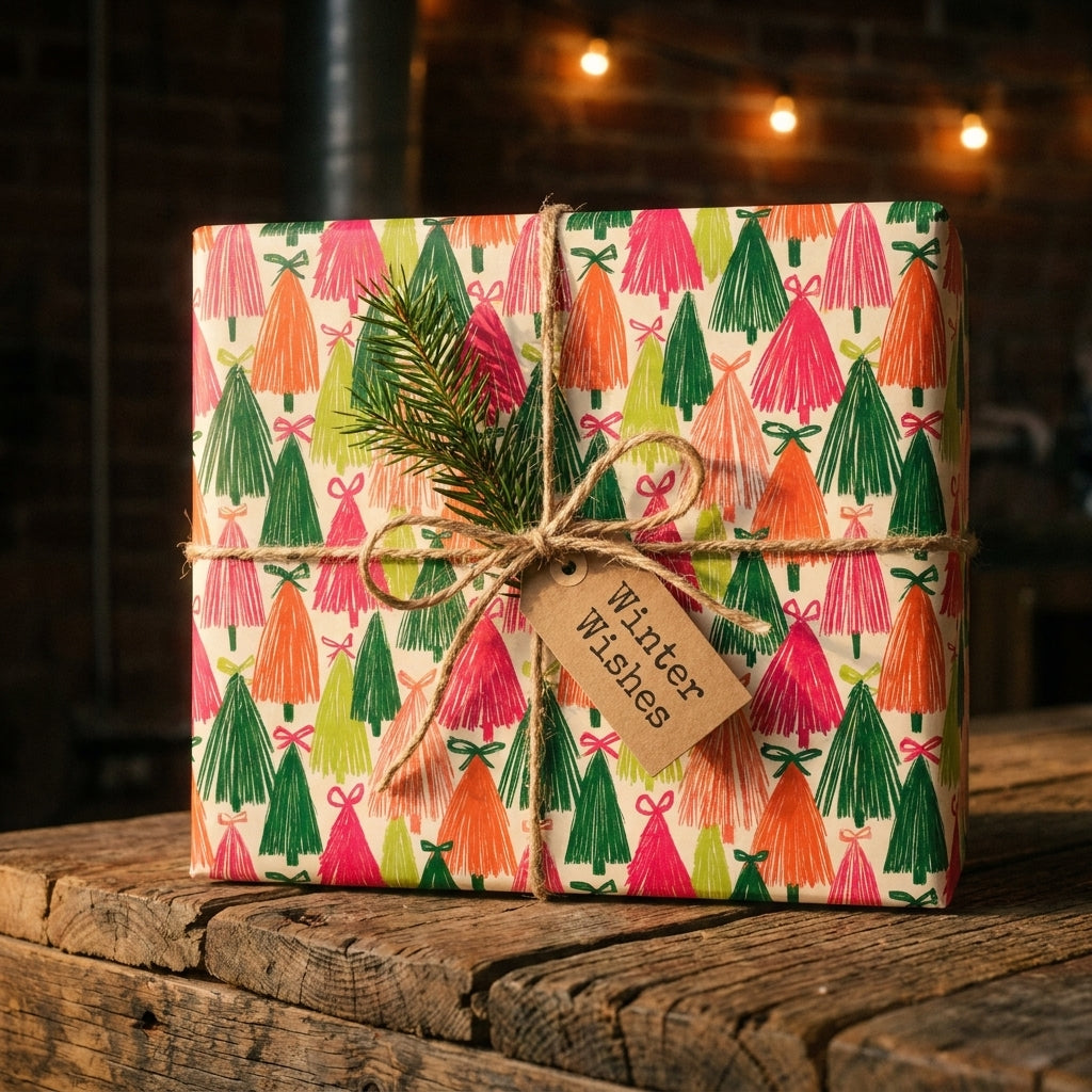 Modern Christmas tree wrapping paper by Wrapped Studios, styled with a rustic twine bow and gift tag.