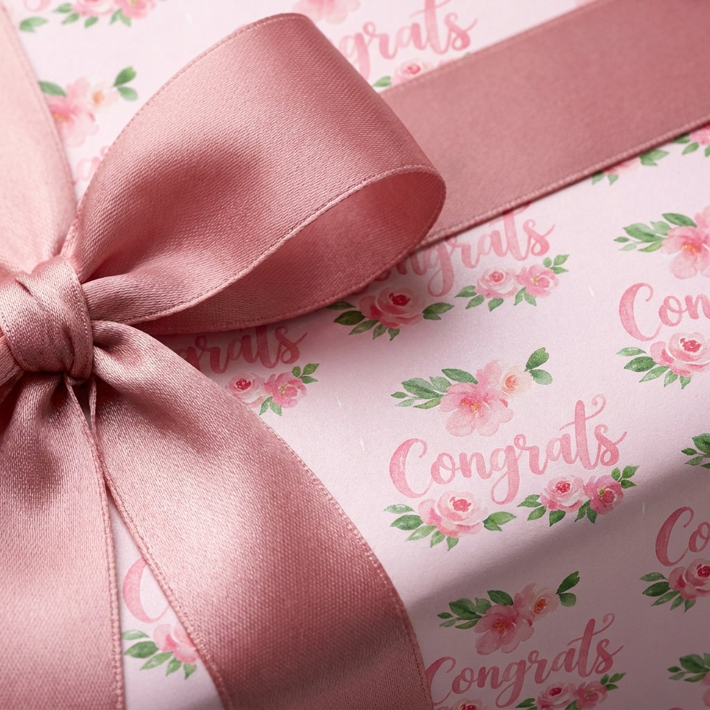 Elegant pink floral congratulations wrapping paper with a matching rose satin ribbon by Wrapped Studios.