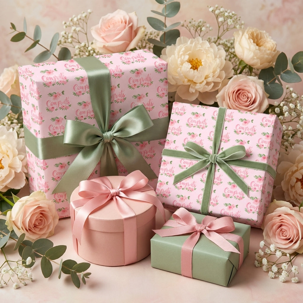 Pink floral congrats wrapping paper on elegant wedding and bridal shower gifts by Wrapped Studios.