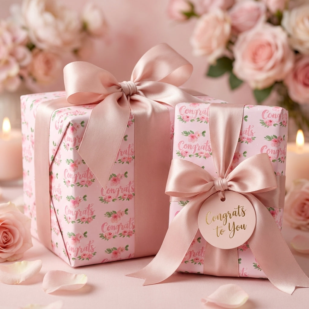 Pink floral congratulations wrapping paper with satin bows by Wrapped Studios, ideal for wedding gifts.