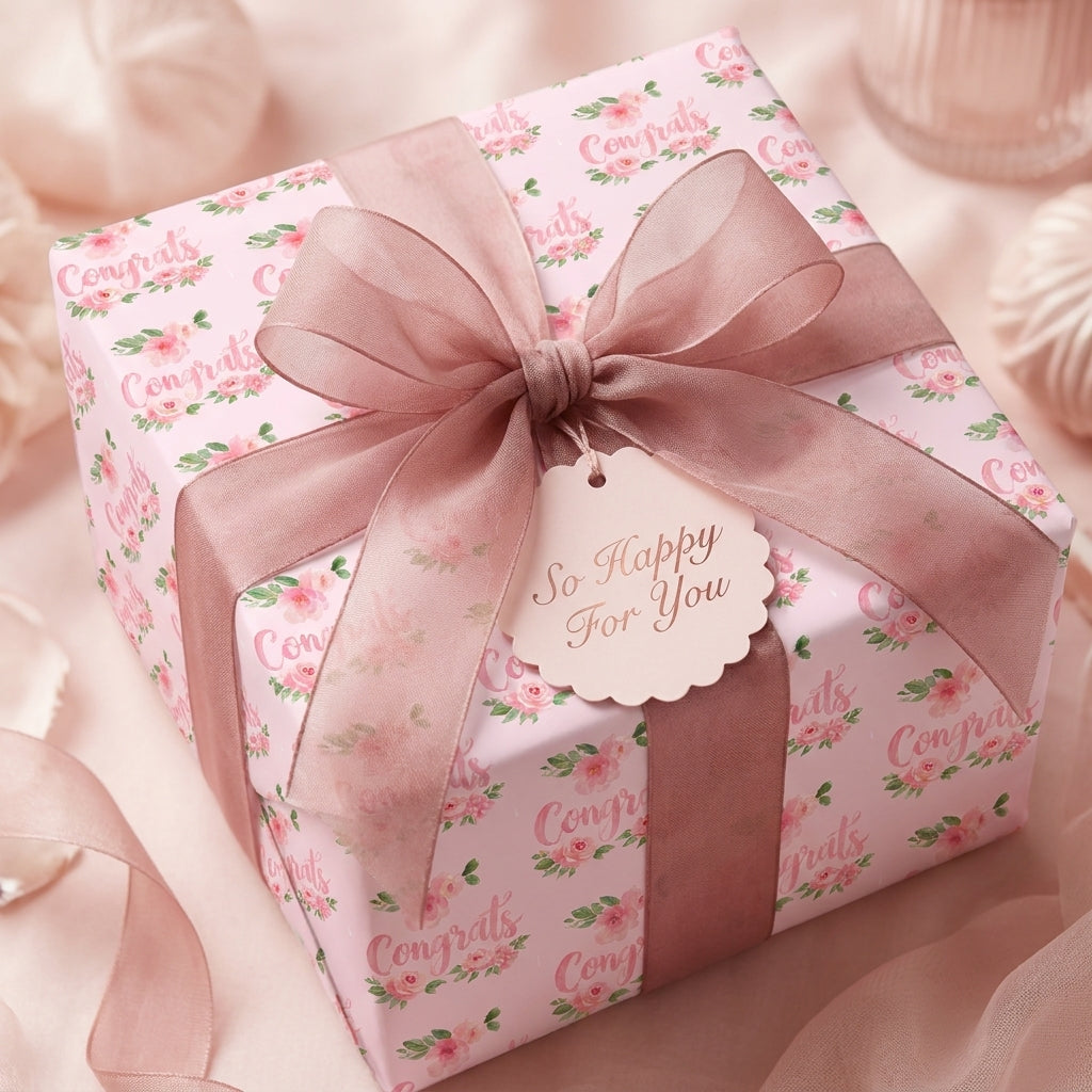 Pink congrats floral wrapping paper by Wrapped Studios with a dusty rose ribbon bow on a wedding gift box.