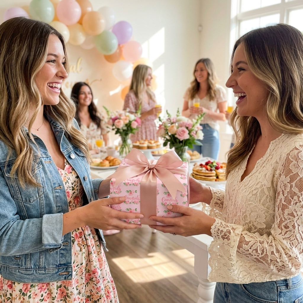 Smiling women exchanging a bridal shower gift in pink floral wrapping paper by Wrapped Studios.