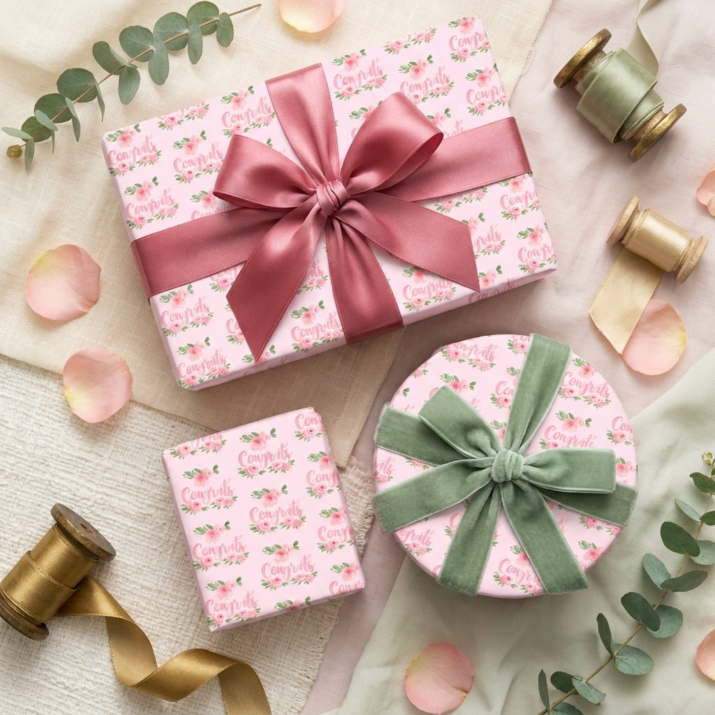 Pink floral congratulations wrapping paper with luxury ribbons on gift boxes by Wrapped Studios.