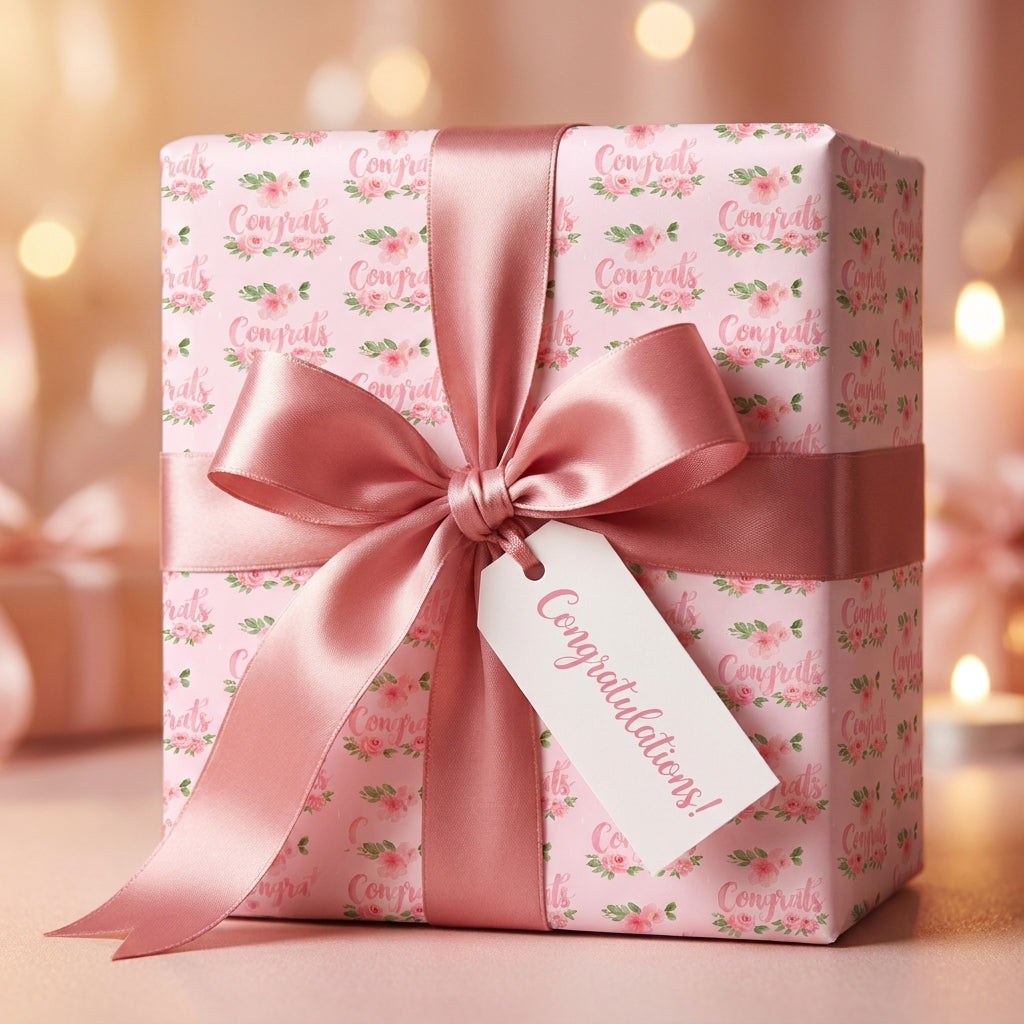 Elegant pink floral congratulations wrapping paper with a dusty rose satin bow by Wrapped Studios.