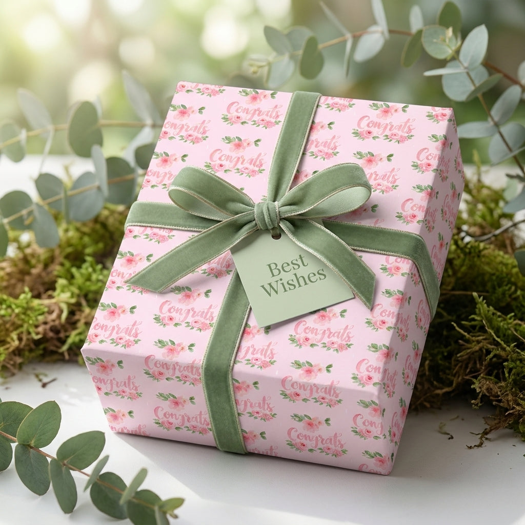 Pink floral congratulations wrapping paper with sage green velvet ribbon by Wrapped Studios.