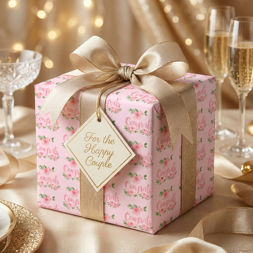 Pink floral wedding wrapping paper with gold bow and congrats pattern by Wrapped Studios.