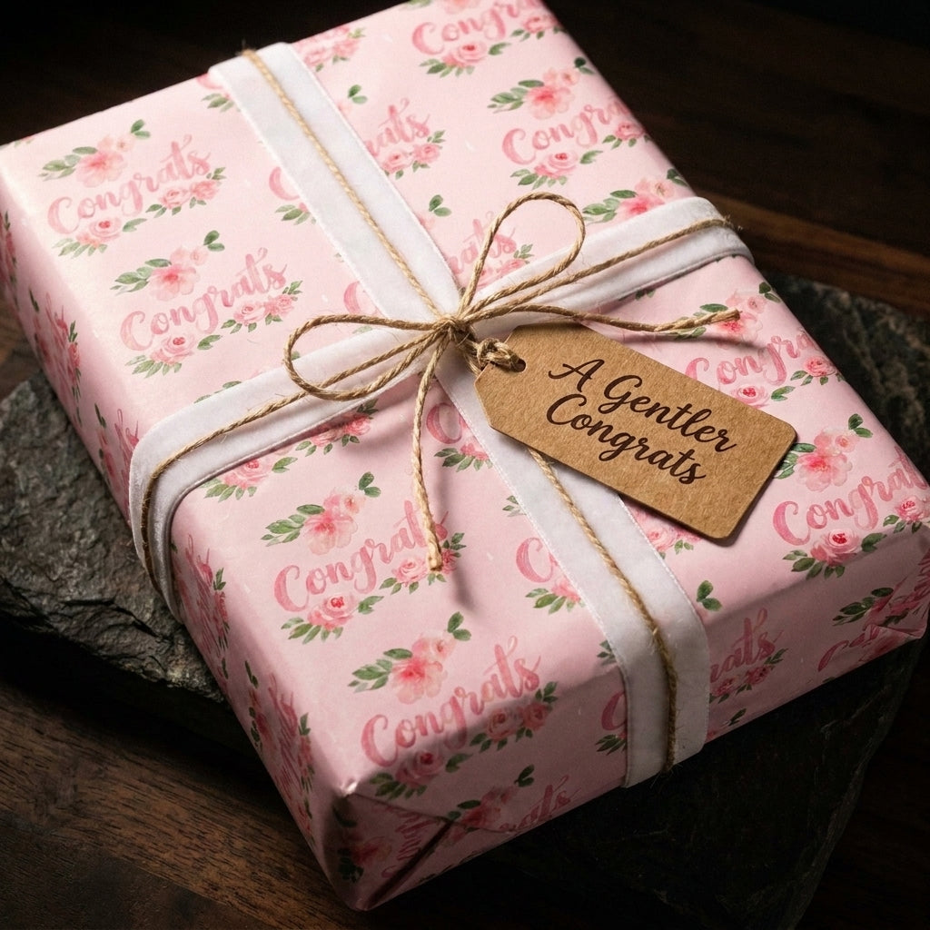 Pink floral congratulations wrapping paper by Wrapped Studios on a gift box with a white ribbon and rustic tag.