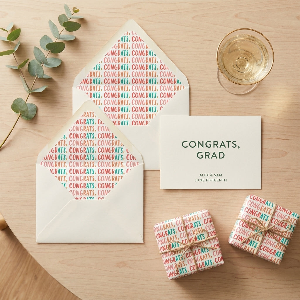 Modern graduation wrapping paper with colorful congrats pattern and matching card by Wrapped Studios.