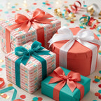 Congrats wrapping paper with colorful ribbons on festive celebration gift boxes by Wrapped Studios.