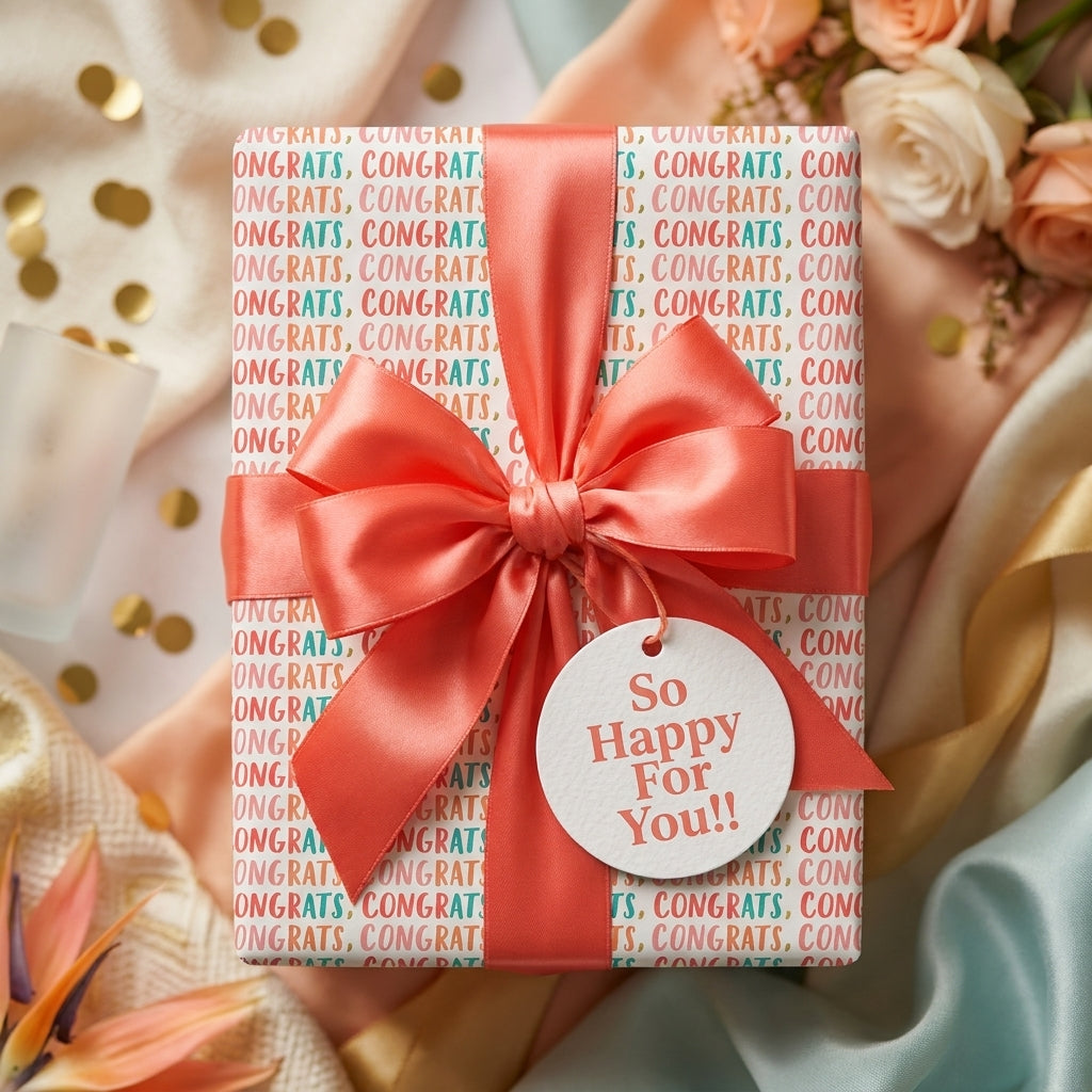 Congratulations wrapping paper with a coral satin bow and celebration gift tag by Wrapped Studios.